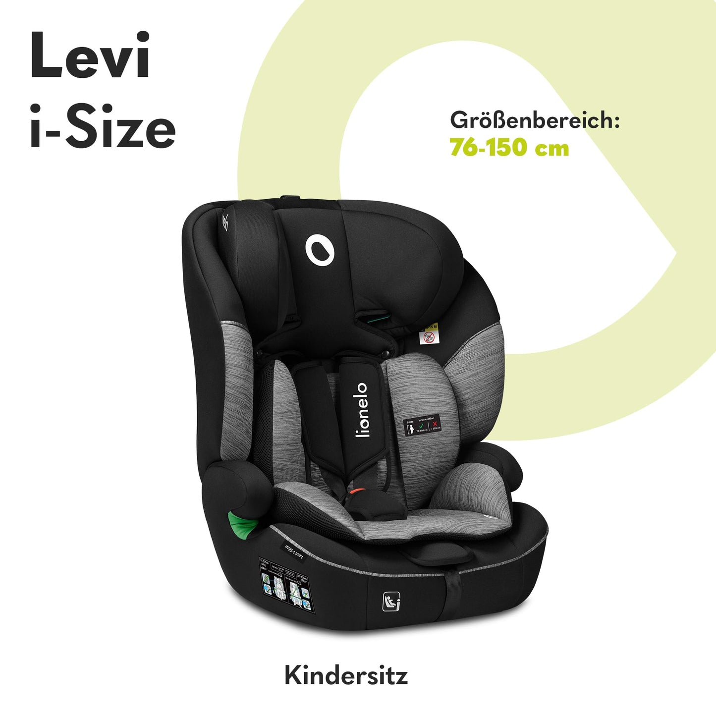 LIONELO LEVI I-SIZE 76-150 cm Kinderautositz, Gruppe 1 2 3, Seitenschutz, 10 Grad Kopfstützenverstellung Bequeme Armlehnen Verstellbare Rückenlehne, R129 i-Size