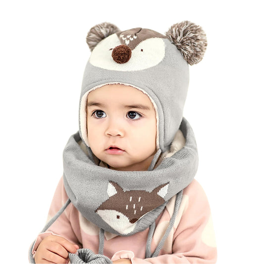 DORRISO Unisex-Baby Jungen Mädchen Mütze Schal Handschuh Set Niedlich Frühling Winter Herbst Beanie Strickmütze Warm Niedlich Klein Fuchs Wintermütze 1-6 Jahre alt