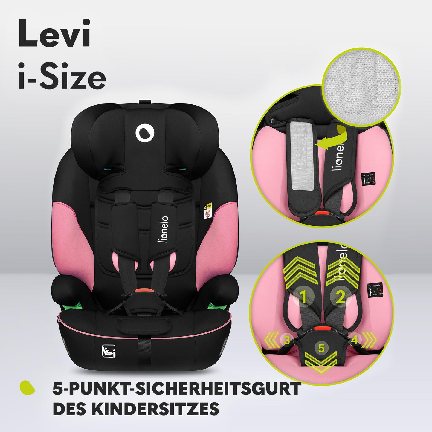 LIONELO LEVI I-SIZE 76-150 cm Kinderautositz, Gruppe 1 2 3, Seitenschutz, 10 Grad Kopfstützenverstellung Bequeme Armlehnen Verstellbare Rückenlehne, R129 i-Size
