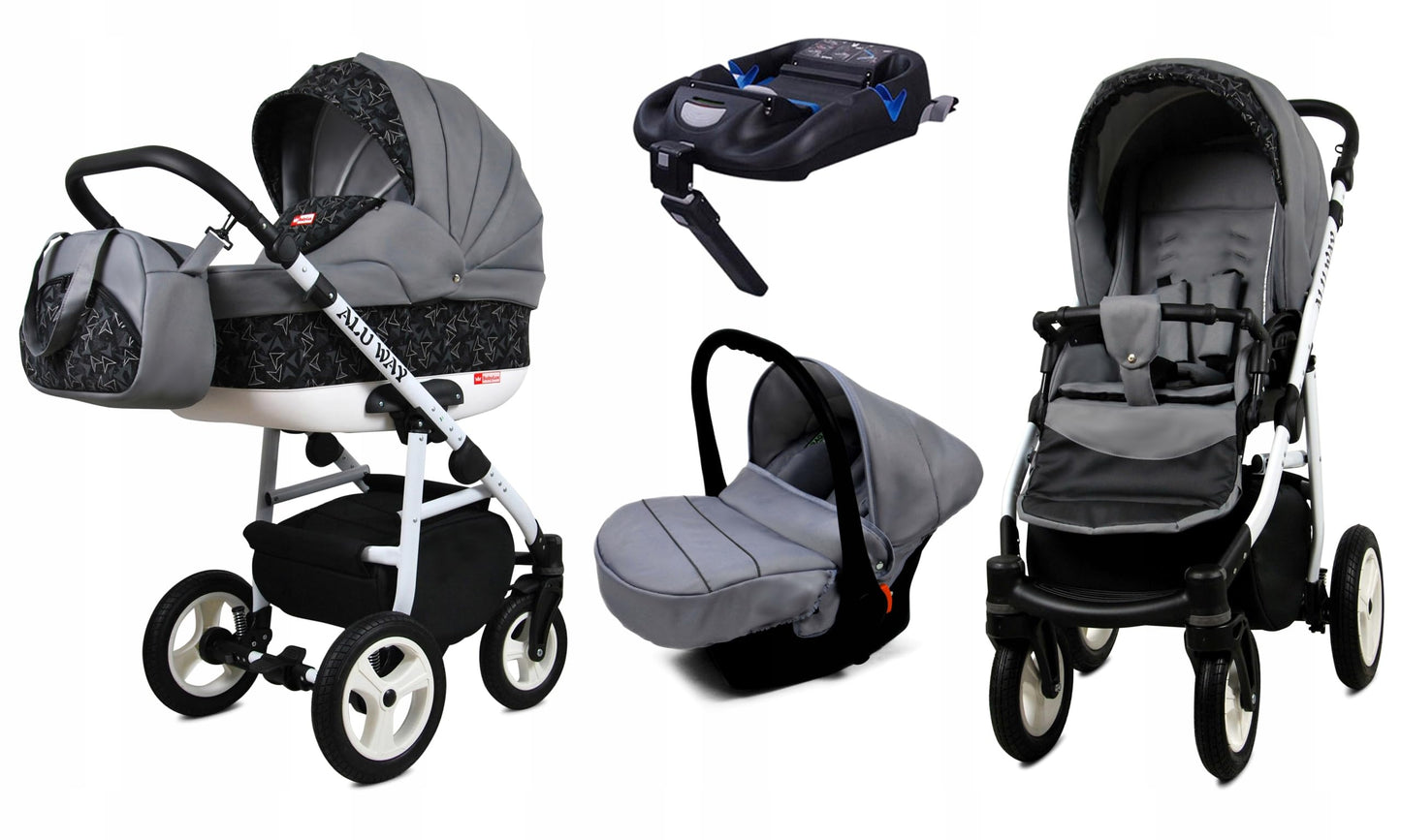 BabyLux® Kinderwagen Set 4 in 1 - Alu Way - incl. Babywanne, Buggy Sportsitz, Auto-Babyschale, ISOFIX-Basisstation - Autositz - Kinderwagenset - Kombikinderwagen mit Wickeltasche usw.