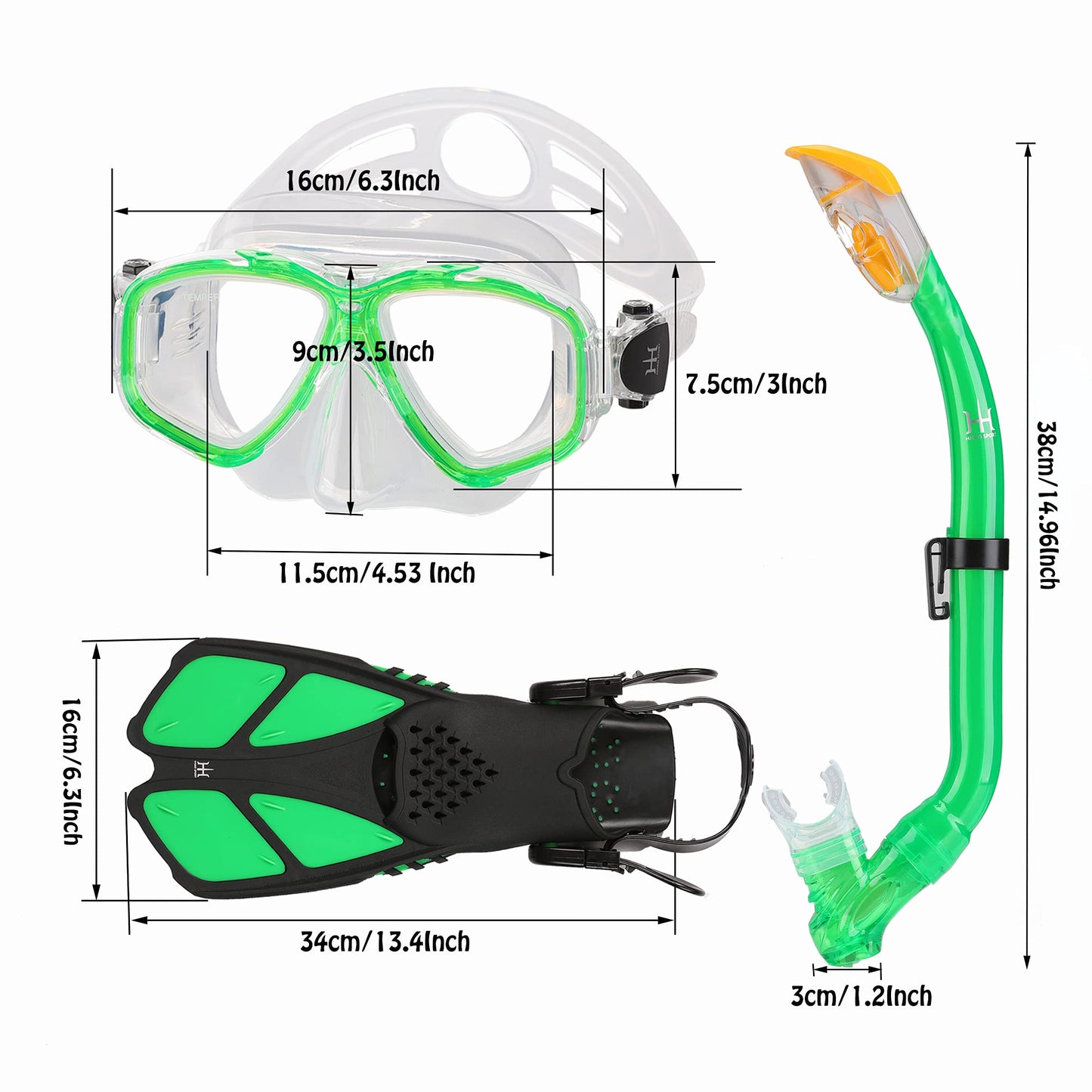 HH HHAO SPORT Children's snorkel set with fins, 180° panorama wide view diving goggles children, adjustable flippers, high-quality diving mask and dry top snorkel
