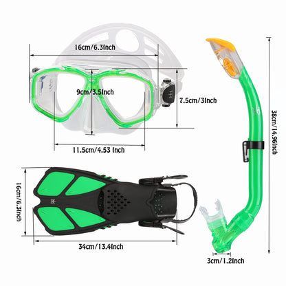 HH HHAO SPORT Children's snorkel set with fins, 180° panorama wide view diving goggles children, adjustable flippers, high-quality diving mask and dry top snorkel