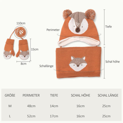 DORRISO Unisex-Baby Jungen Mädchen Mütze Schal Handschuh Set Niedlich Frühling Winter Herbst Beanie Strickmütze Warm Niedlich Klein Fuchs Wintermütze 1-6 Jahre alt