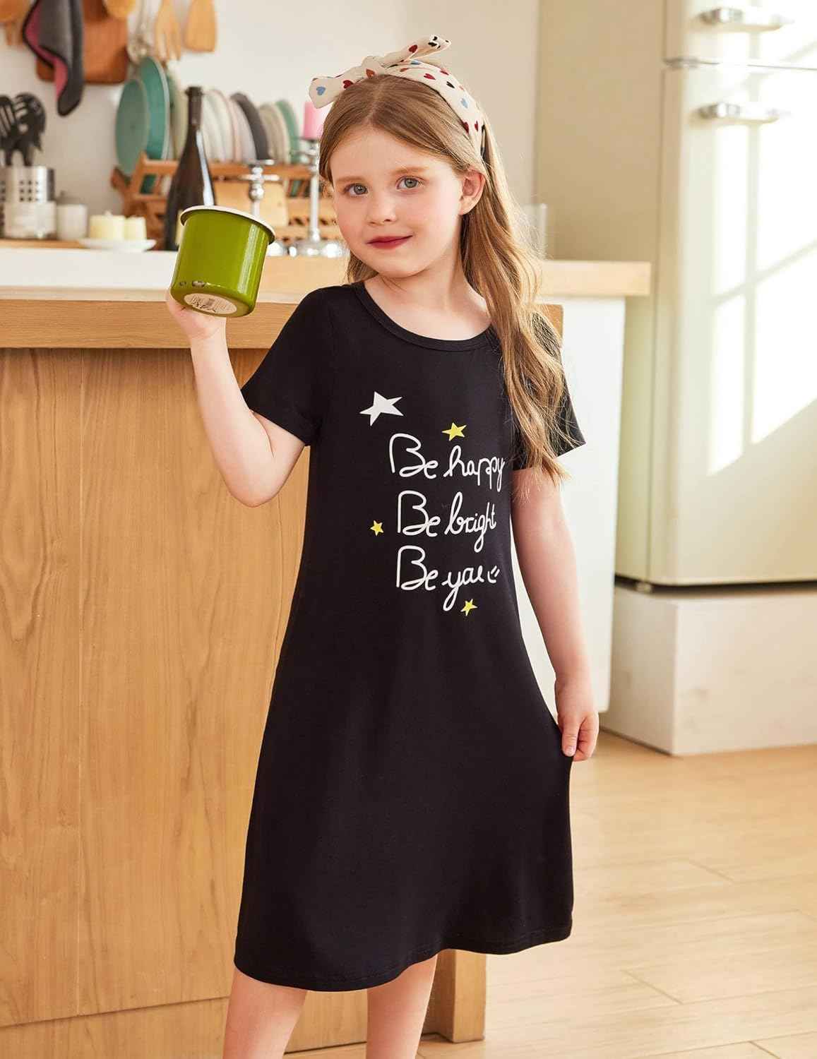 Arshiner Nightdress Girls Short Sleeve Pyjamas Children's Sleep Dress Cat Unicorn Crew Neck Night Dress 4-12 Years