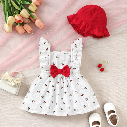 Kleinkind Baby Mädchen Sommer Kleid Outfit Rüschenärmel Herz/Blumenmuster Boho Kleider Niedliches Baby Sommerkleid mit Hut