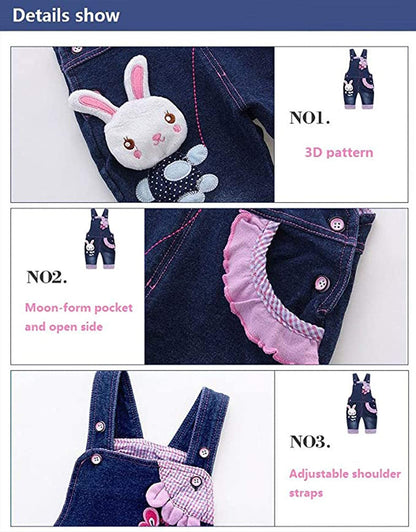KIDSCOOL SPACE Baby-Mädchen Jeans-Latzhose, niedliches Denim-Outfit mit 3D-Hasenmotiv, Blau
