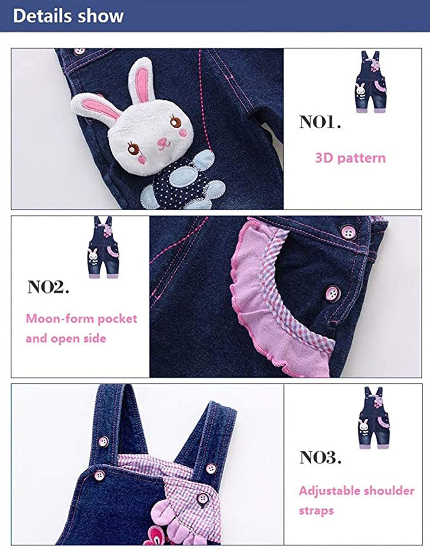 KIDSCOOL SPACE Baby-Mädchen Jeans-Latzhose, niedliches Denim-Outfit mit 3D-Hasenmotiv, Blau