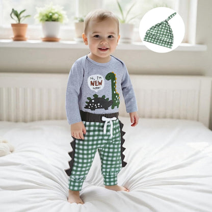 Hallo Ich bin neu hier Neugeborene Baby Jungen Kleidung Set Dinosaurier Print Langarm Bodysuit und Hosen Baumwolle Baby Kleidung Set Herbst Winter Kleidung Sets für Baby Jungen Outfits