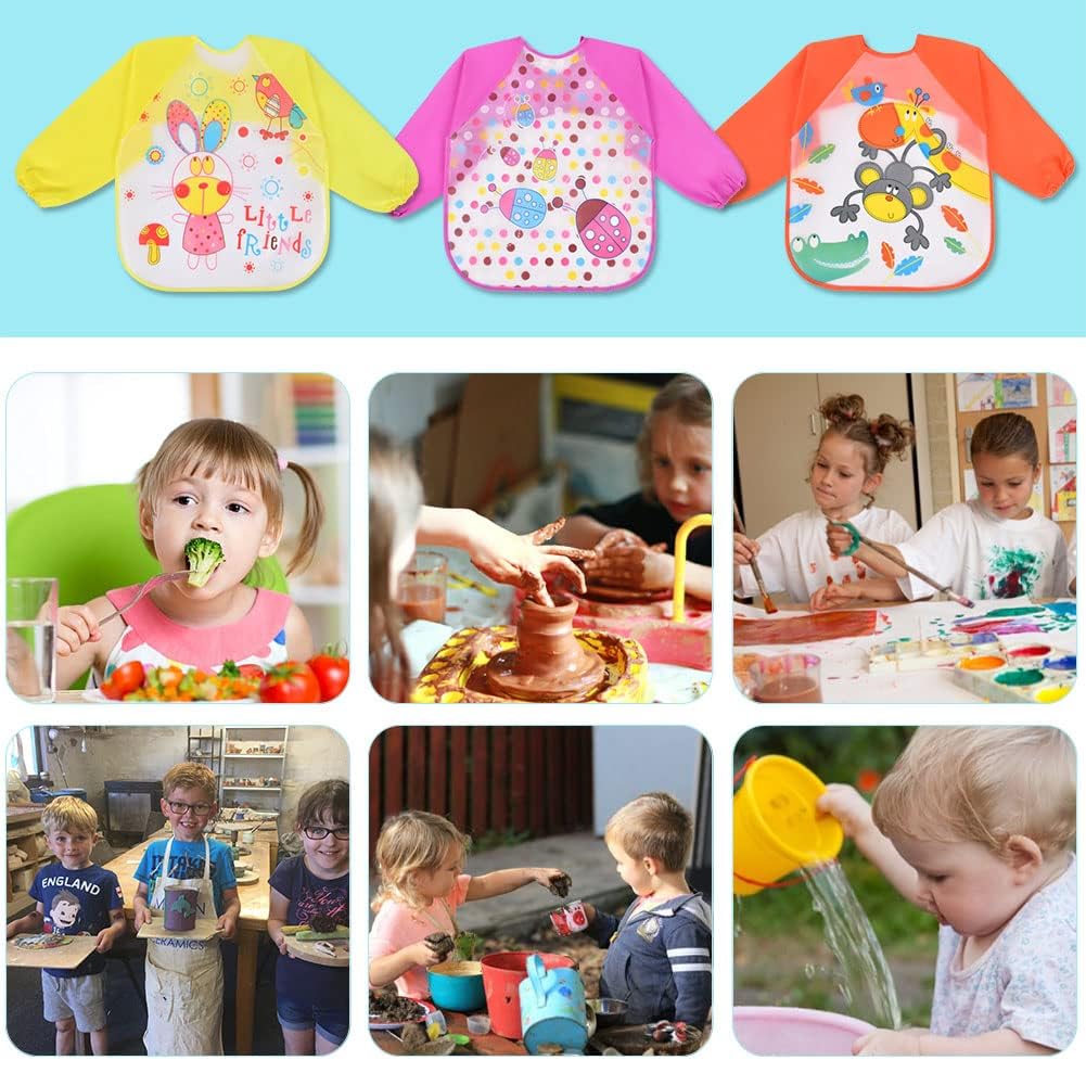 Vicloon Waterproof Baby Bibs, 5pcs Baby Bibs with Long Sleeves, Sleeved Bibs, Unisex Bib Set for Eating, Arts, Crafts, Painting, Playing (Pink, Blue, Green, Yellow) 