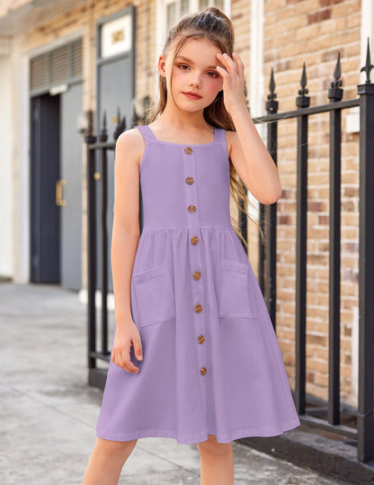 Arshiner Mädchen Kleider Ärmelloses Kinderkleid Knopfleiste Trägerkleid Sommer Baumwolle Swingkleid Festliches A-Linie Freizeitkleid Elegant Kleid für Mädchen 5-14 Jahre