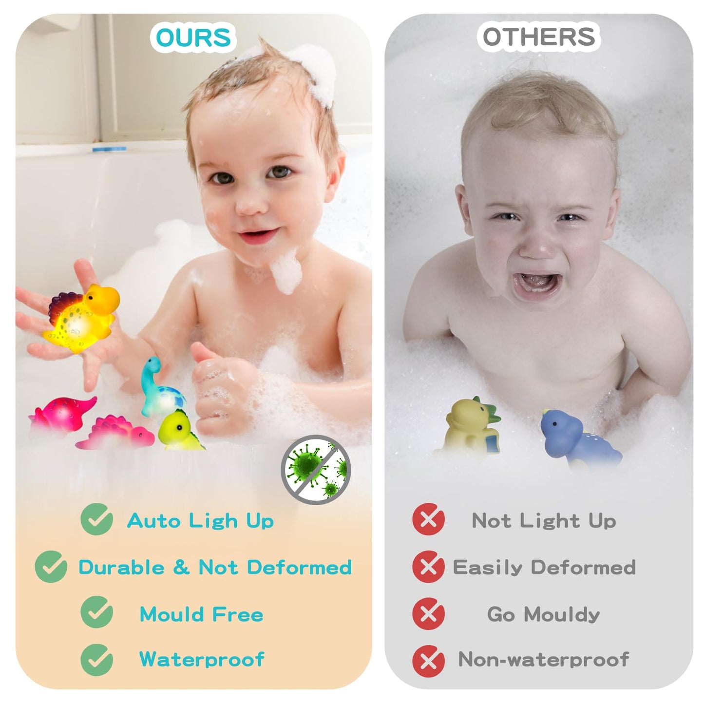 Jiosdo Bath Toy, Pack of 6 Dinosaur Bath Toys with Light, LED Bath Toy Children, Bath Toy Baby from 1 2 3 Years, Illuminates Water Toy, Bath Toys, Sensory Toy
