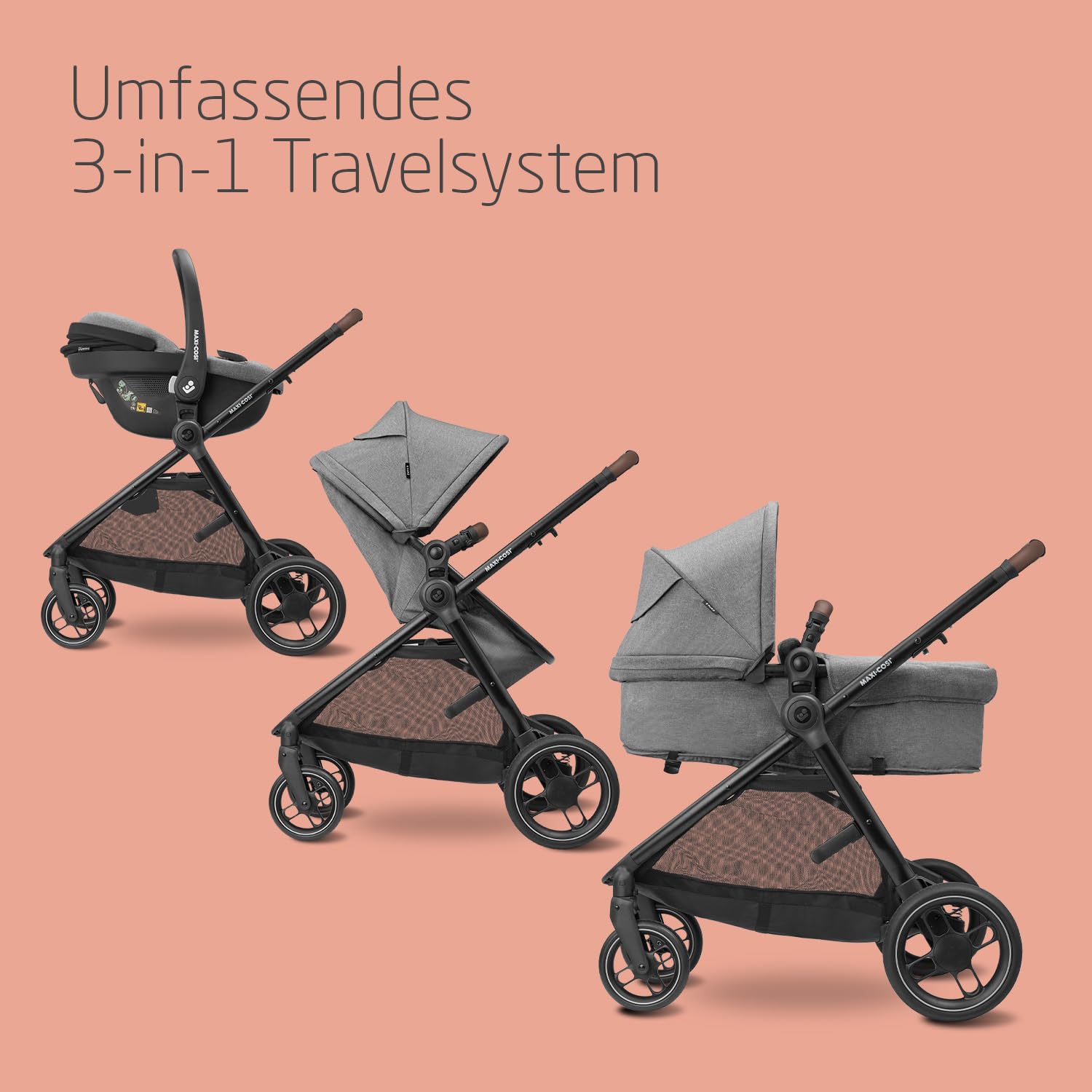 Maxi-Cosi Zelia S Trio 3-in-1 Complete Set, 0–4 Years, up to 22 kg, Foldable, Compact, Adjustable Baby Pram, with CabrioFix S i-Size Baby Seat, Accessories, Changing Bag, Grey - Meloni2