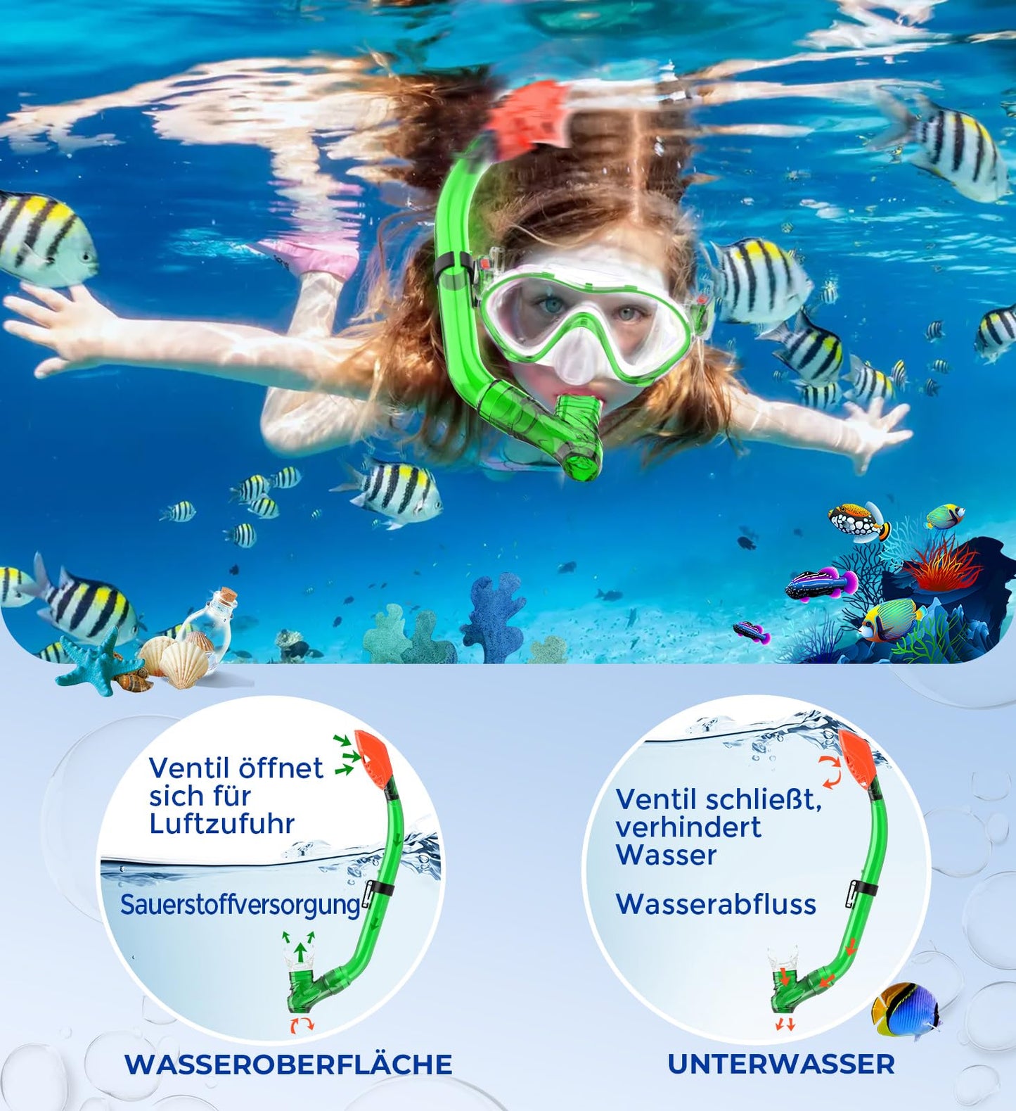 Sporzin Children's Diving Goggles Snorkel Set - Snorkel with Dry Snorkel Mask 180° Panoramic View HD and Anti-Fog Silicone Diving Mask and Swimming Goggles with Ear Plugs 4-12 Years