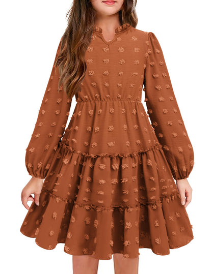 Arshiner Dress Girls Festive Flounce V-Neck Long Sleeve Dress Swiss Dot Chiffon Dress Children Tiered Dress A-Line Party Dress Wedding Princess Dress Swing Skater Dress 5-12 Years 
