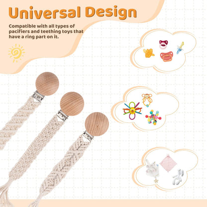 IOSPKKIO® 3 Stück Schnullerclip für Jungen und Mädchen, Schnullerhalter, mit Holzklammern, Handgefertigt, Geflochtene Baumwolle, Babyparty, Geburtstagsgeschenk(Beige)