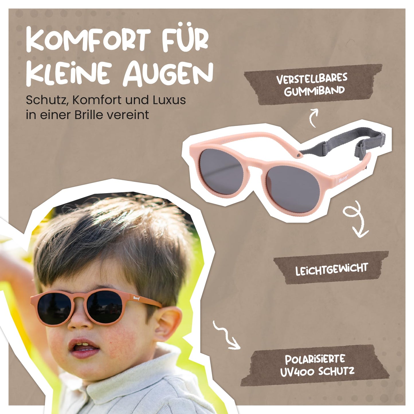 Maesy Kinder Sonnenbrille für Kleinkind und Baby - 1-3 Jahre - UV400 Polarisierter Schutz - Flexibler und Biegsamer Rahmen - Verstellbares Gummiband - Sichere und Bequeme Kindersonnenbrille - Bowi