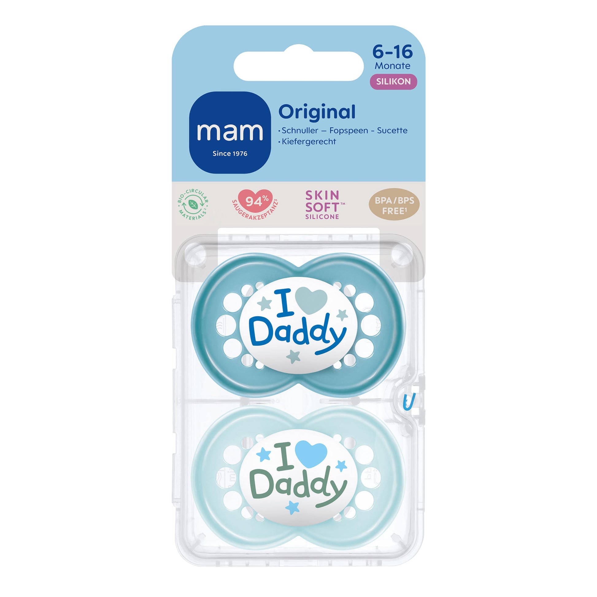 MAM Original Schnuller im 2er-Set, zahnfreundlicher Baby Schnuller aus nachhaltigen & bio-erneuerbaren Materialien, Sauger aus MAM SkinSoft Silikon, mit Schnullerbox, 0-6 Monate, blau/beige - Meloni2