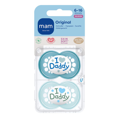 MAM Original Schnuller im 2er-Set, zahnfreundlicher Baby Schnuller aus nachhaltigen & bio-erneuerbaren Materialien, Sauger aus MAM SkinSoft Silikon, mit Schnullerbox, 0-6 Monate, blau/beige - Meloni2