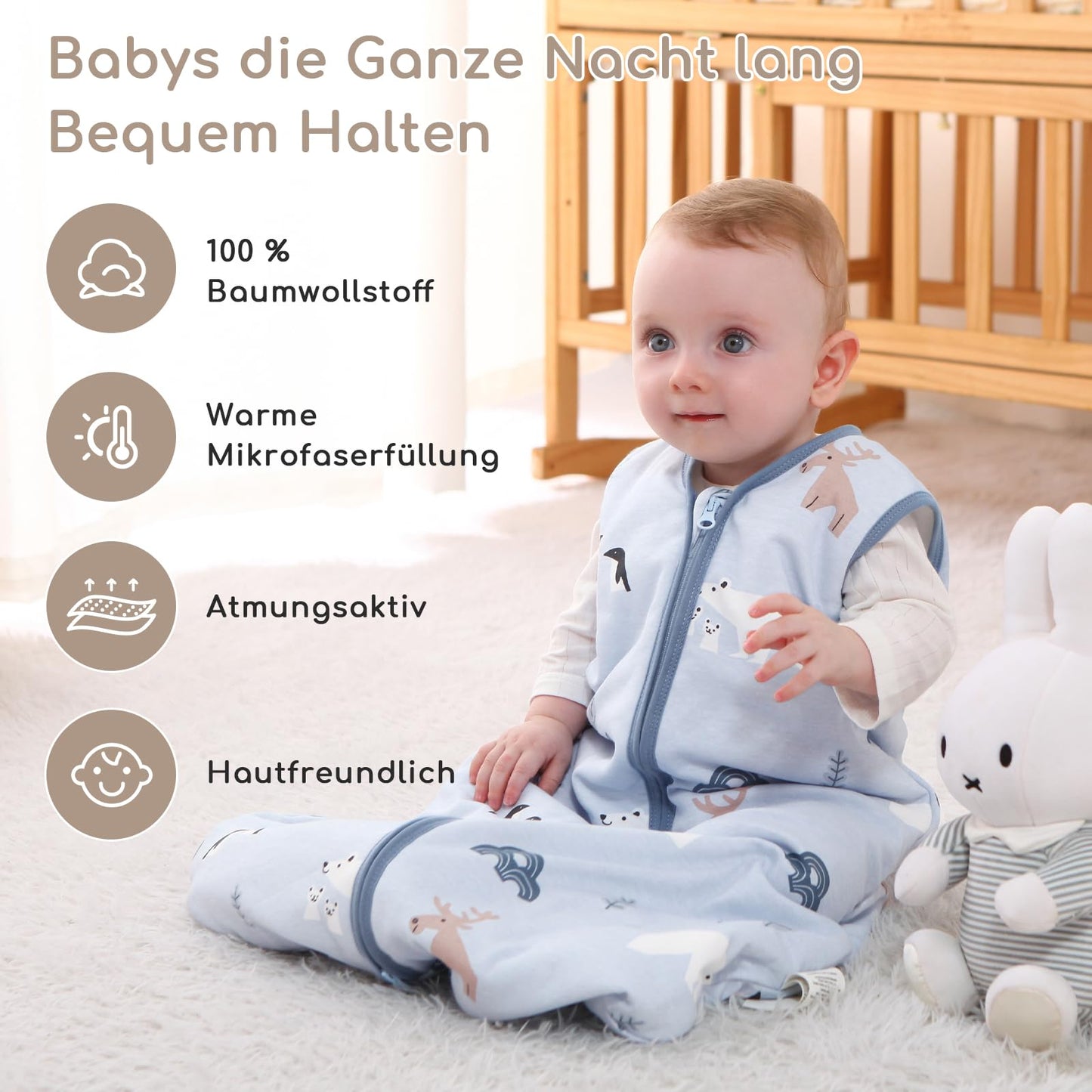 Yukkidds Baby Summer Sleeping Bag, 100% Cotton, 0.5 Tog, beige elephant, 0 - 6 months