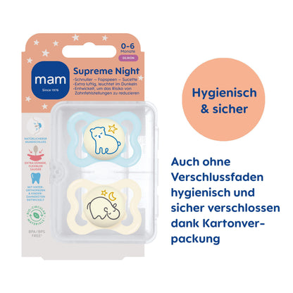 MAM Supreme Day & Night Schnuller | 0-6 Monate | Babyschnuller für Neugeborene | 94% Akzeptanz | beugt Zahnfehlstellungen vor | mit Zahnmedizinern entwickelt| SkinSoft Silikon |Bär/Nilpferd |4 Stück