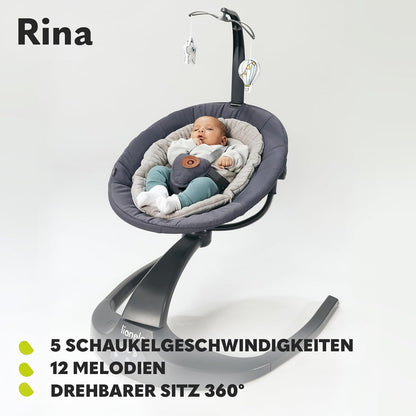 LIONELO Rina Baby Rocker and Deck Chair 2-in-1, Remote Control, 360° Rotating Seat, Two Swing Directions, 5 Swing Speeds, Locking, Backrest Adjustment, Timer, 12 Melodies