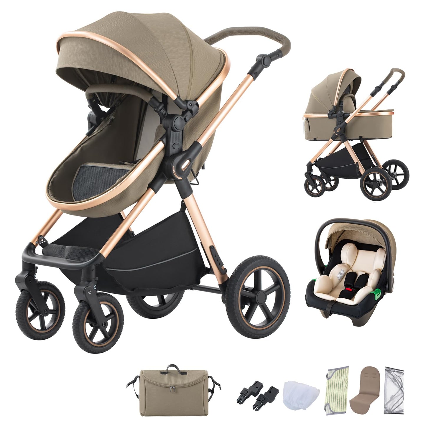 BEBBY 3-in-1 Kinderwagen KombiKinderwagen-Set 2-in-1 Buggy faltbar Luxus Hochlandschaft Neugeborenes Tragbarer Kinderwagen Zusammenklappbarer Kinderwagen Kinderwagen Travel System (D2-DEEPGREY)