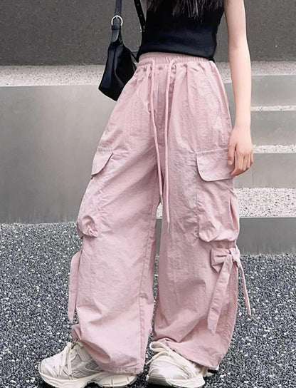 Cargo Hose Mädchen Freizeithose Baggy Hip Hop Hose mit Gummibund Schleife Leicht Dünn Sommerhose 4 Taschen Freizeit Streetwear Kinder 5-14 Jahre