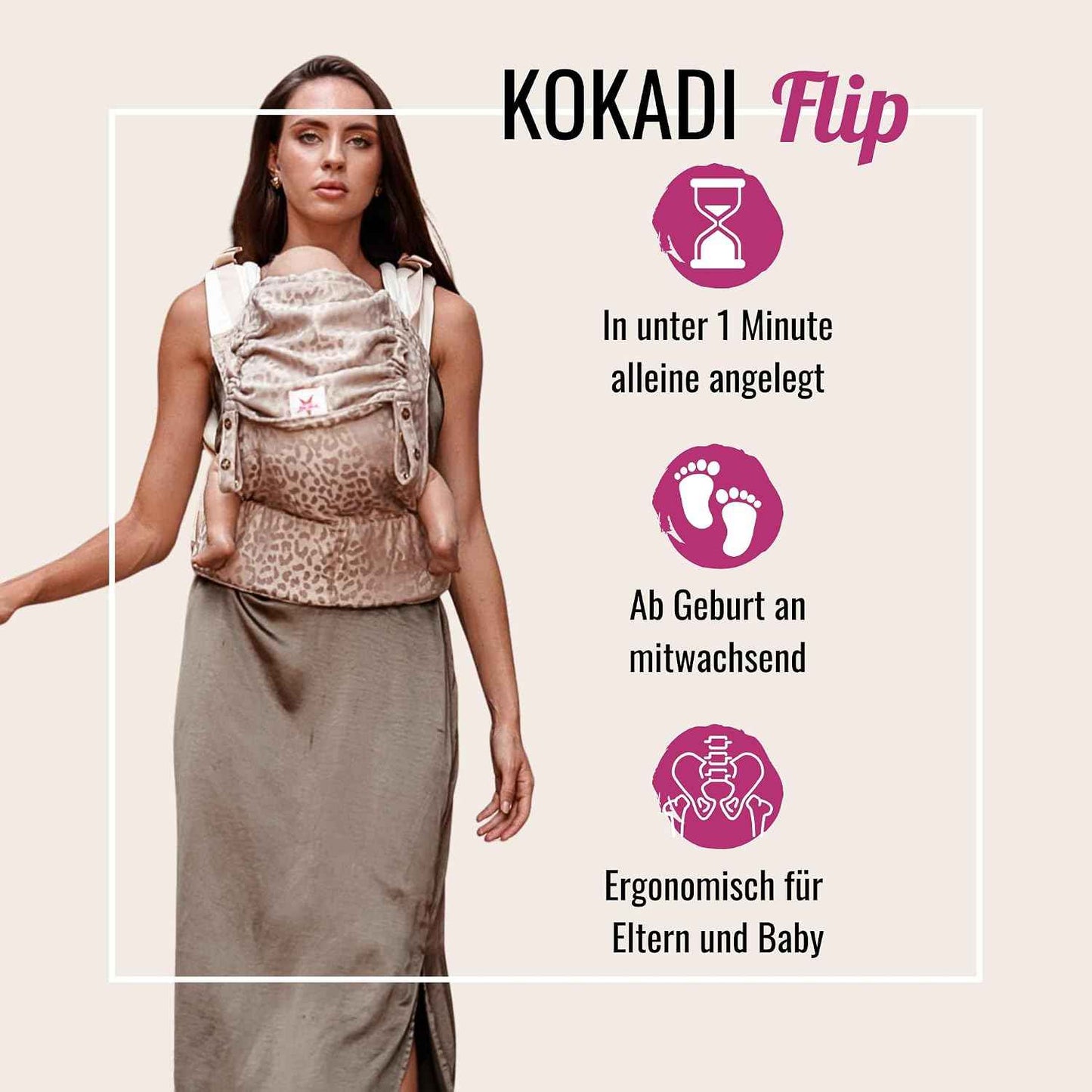KOKADI Babytrage Flip Safari Eleni (Unisize)– Ergonomisch & sicher - handgefertigt – Ab Geburt bis 15 kg, einfach anzulegen, ideal für den täglichen Gebrauch -Ergonomische Babybauchtrage Rückentrage