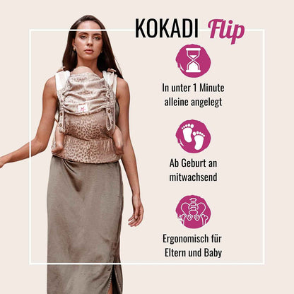 KOKADI Babytrage Flip Safari Eleni (Unisize)– Ergonomisch & sicher - handgefertigt – Ab Geburt bis 15 kg, einfach anzulegen, ideal für den täglichen Gebrauch -Ergonomische Babybauchtrage Rückentrage