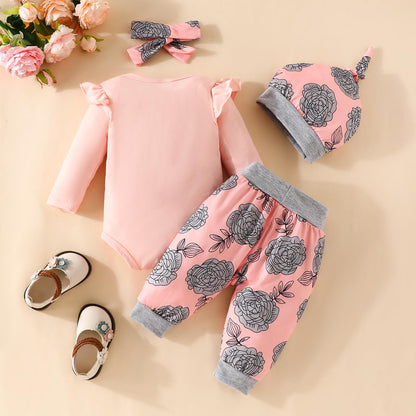 Neugeborenes Baby Mädchen Kleidung Papas Mädchen Langarm Tops Blumenhosen Sets Stirnband Säuglingsmädchen Herbst Outfits