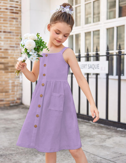 Arshiner Mädchen Kleider Ärmelloses Kinderkleid Knopfleiste Trägerkleid Sommer Baumwolle Swingkleid Festliches A-Linie Freizeitkleid Elegant Kleid für Mädchen 5-14 Jahre