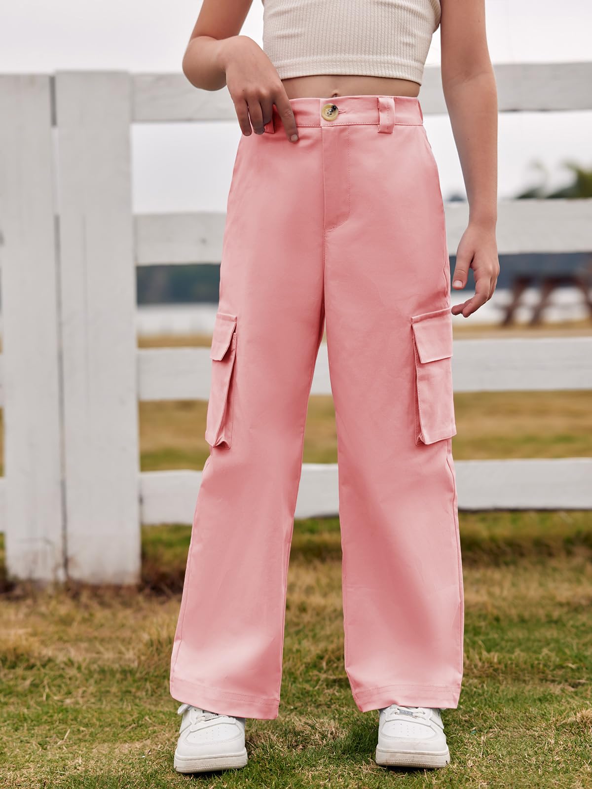 Haloumoning Mädchen Cargohose Baumwoll Y2K Baggy Cargo Hose Kinder Straight Leg Hohe Taille Jogginghose Casual Outdoorhose mit Elastische Taille und Taschen