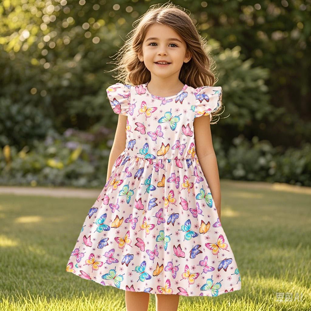 EULLA Kinder Mädchen Kleid Kurzarm Lässig A-Linie Regenbogenstreifen Erdbeere Marienkäfer Schmetterling Kleider Gr.92 98 104 110 116 122