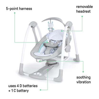 Ingenuity Hugs & Hoots zusammenklappbare & tragbare Babyschaukel, 5 Schaukelgeschwindigkeiten, 8 Melodien, 3 Naturgeräusche, Lautstärkeregulierung und Spielzeugbügel, ab der Geburt bis 9kg