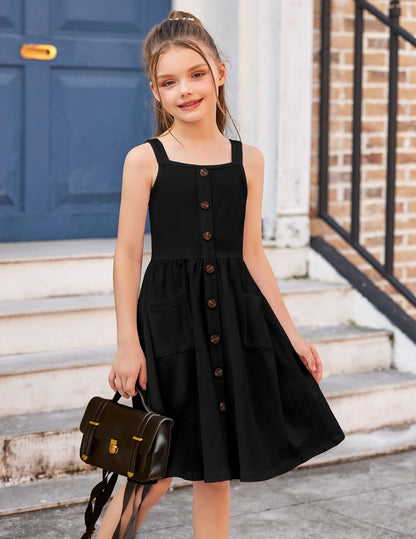 Arshiner Mädchen Kleider Ärmelloses Kinderkleid Knopfleiste Trägerkleid Sommer Baumwolle Swingkleid Festliches A-Linie Freizeitkleid Elegant Kleid für Mädchen 5-14 Jahre