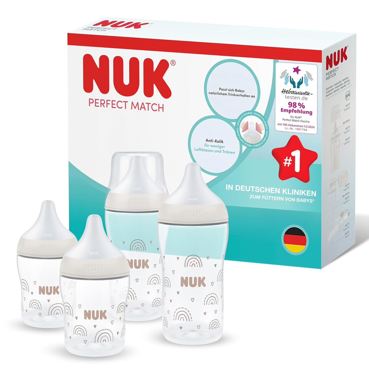NUK First Choice+ Baby Bottle Starter Set | 0–6 months | 4 bottles with Temperature Control &amp; Bottle Box | Anti-Colic Air System | BPA-free | Disney Winnie the Pooh 
