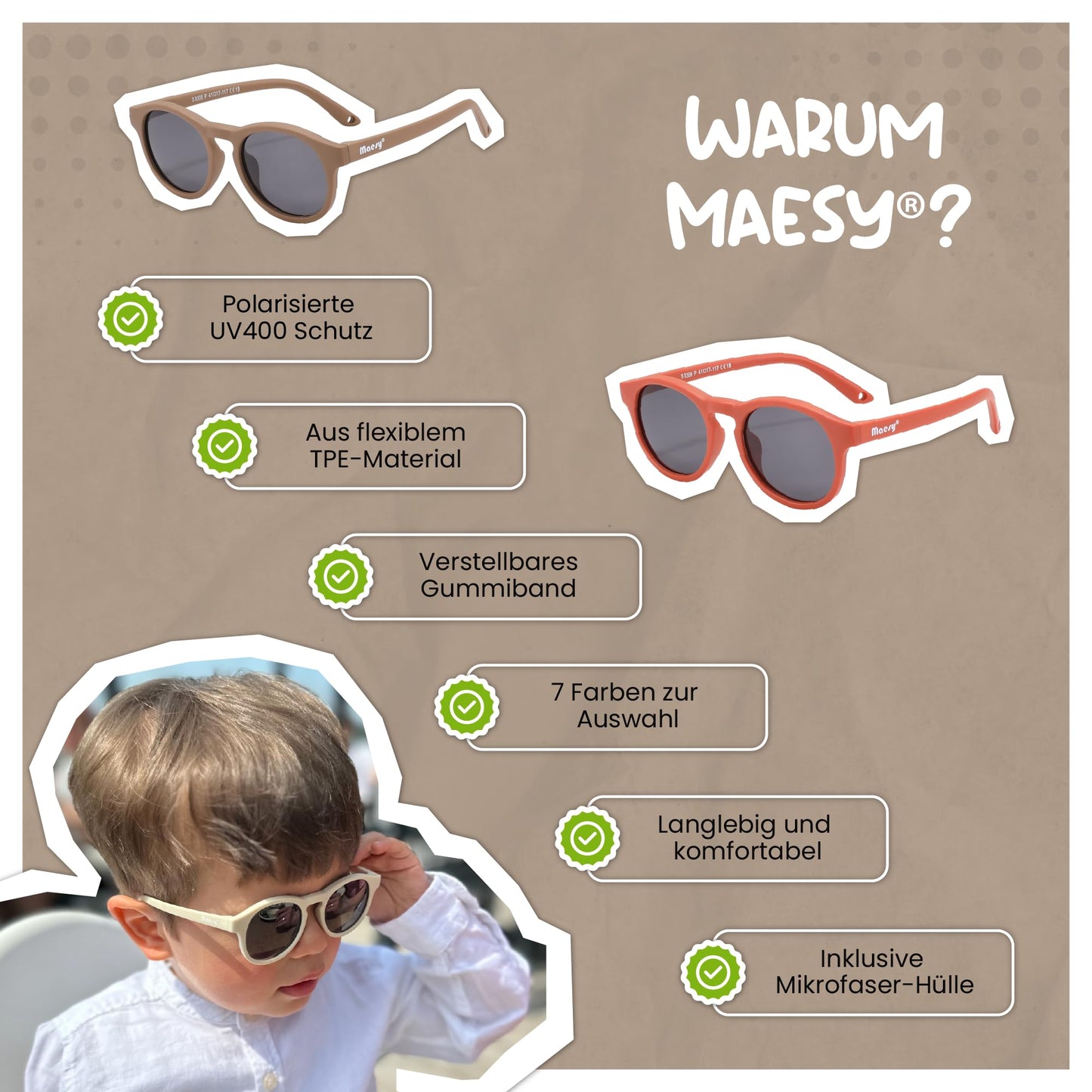 Maesy Kinder Sonnenbrille für Kleinkind und Baby - 1-3 Jahre - UV400 Polarisierter Schutz - Flexibler und Biegsamer Rahmen - Verstellbares Gummiband - Sichere und Bequeme Kindersonnenbrille - Bowi
