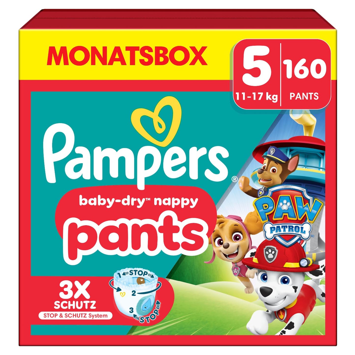 Pampers Baby-Dry Pants Paw Patrol Edition Größe 5, 160 Windeln, 11kg-17kg, 360° Passform hilft, Auslaufen zu verhindern