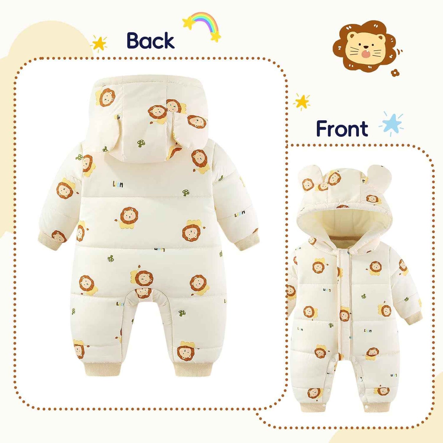 JiAmy Baby Snowsuit, Toddler Winter Romper Girls Boys Winter Jumpsuit with Hood Long Sleeve Jumpsuit Cute Prints for 3-24 Months