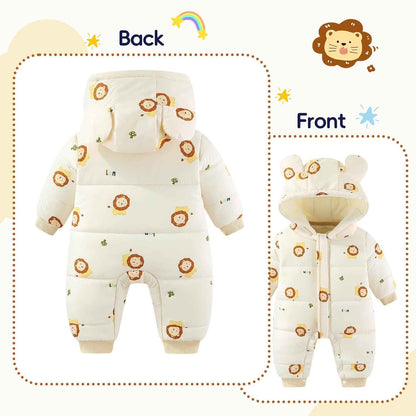 JiAmy Baby Snowsuit, Toddler Winter Romper Girls Boys Winter Jumpsuit with Hood Long Sleeve Jumpsuit Cute Prints for 3-24 Months