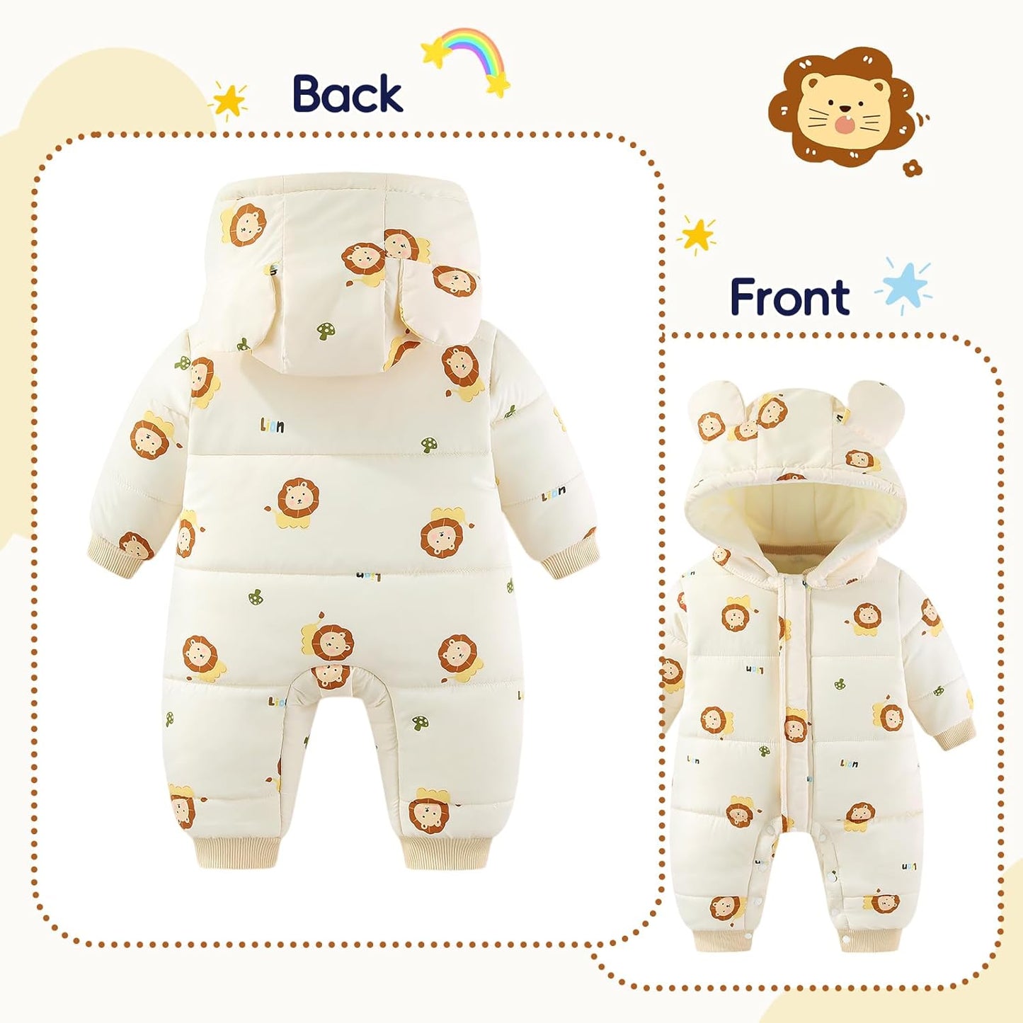 JiAmy Baby Snowsuit, Toddler Winter Romper Girls Boys Winter Jumpsuit with Hood Long Sleeve Jumpsuit Cute Prints for 3-24 Months