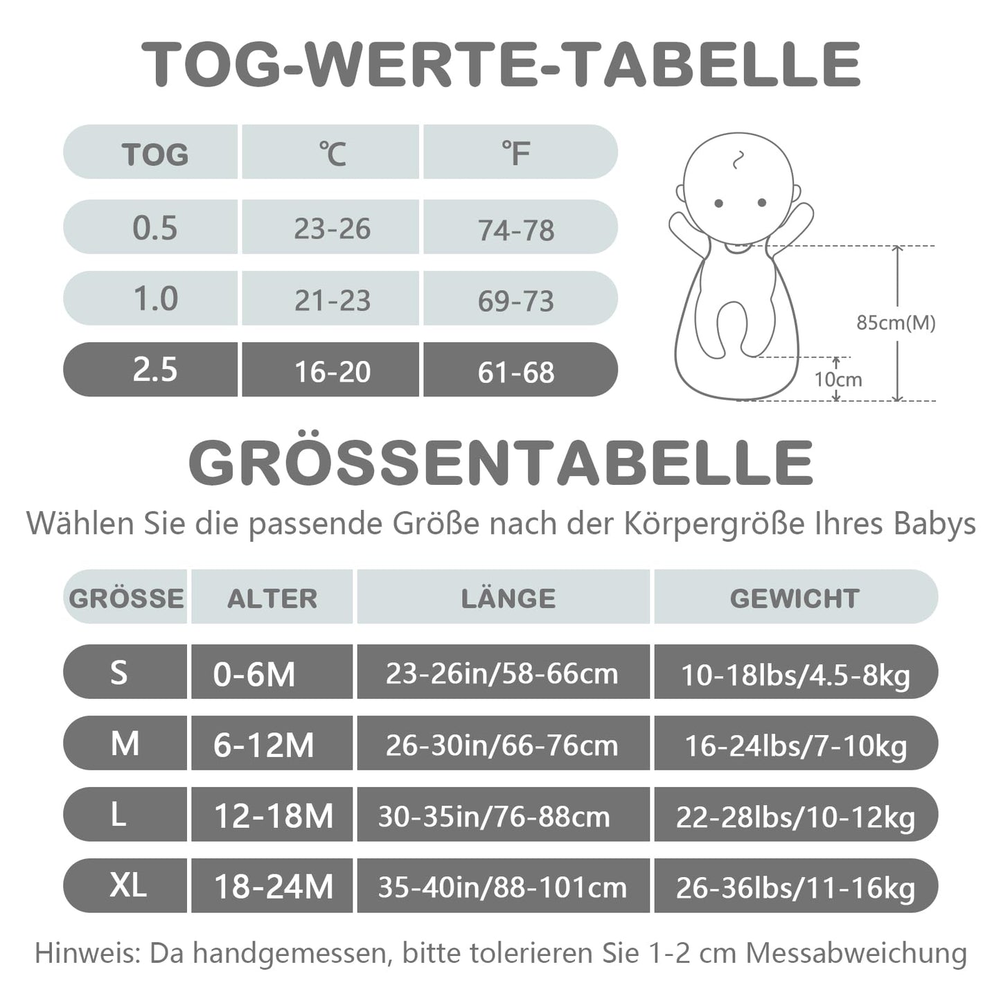 Baby Winter Sleeping Bag, Toddler Sleeping Bag, 2.5 Tog Sleeping Bag, 100% Cotton, Various Sizes from Newborn to 18 Months, All-Year-Round Sleeping Bag