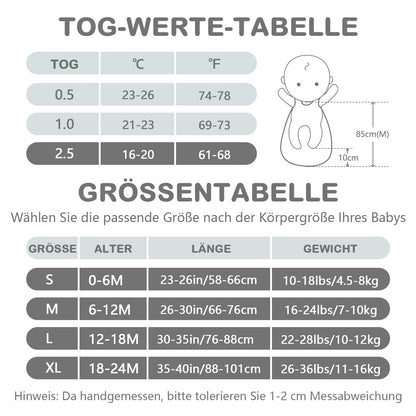 Baby Winter Sleeping Bag, Toddler Sleeping Bag, 2.5 Tog Sleeping Bag, 100% Cotton, Various Sizes from Newborn to 18 Months, All-Year-Round Sleeping Bag