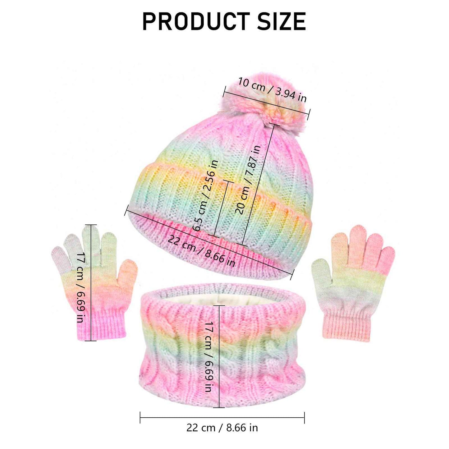 Children's Hat Scarf Gloves Set - 3-in-1 Winter Knitted Hat Scarf and Gloves Set for Children with Pom Pom Beanie, Neck Warmer & Mittens for Boys Girls Age 3-10 Years