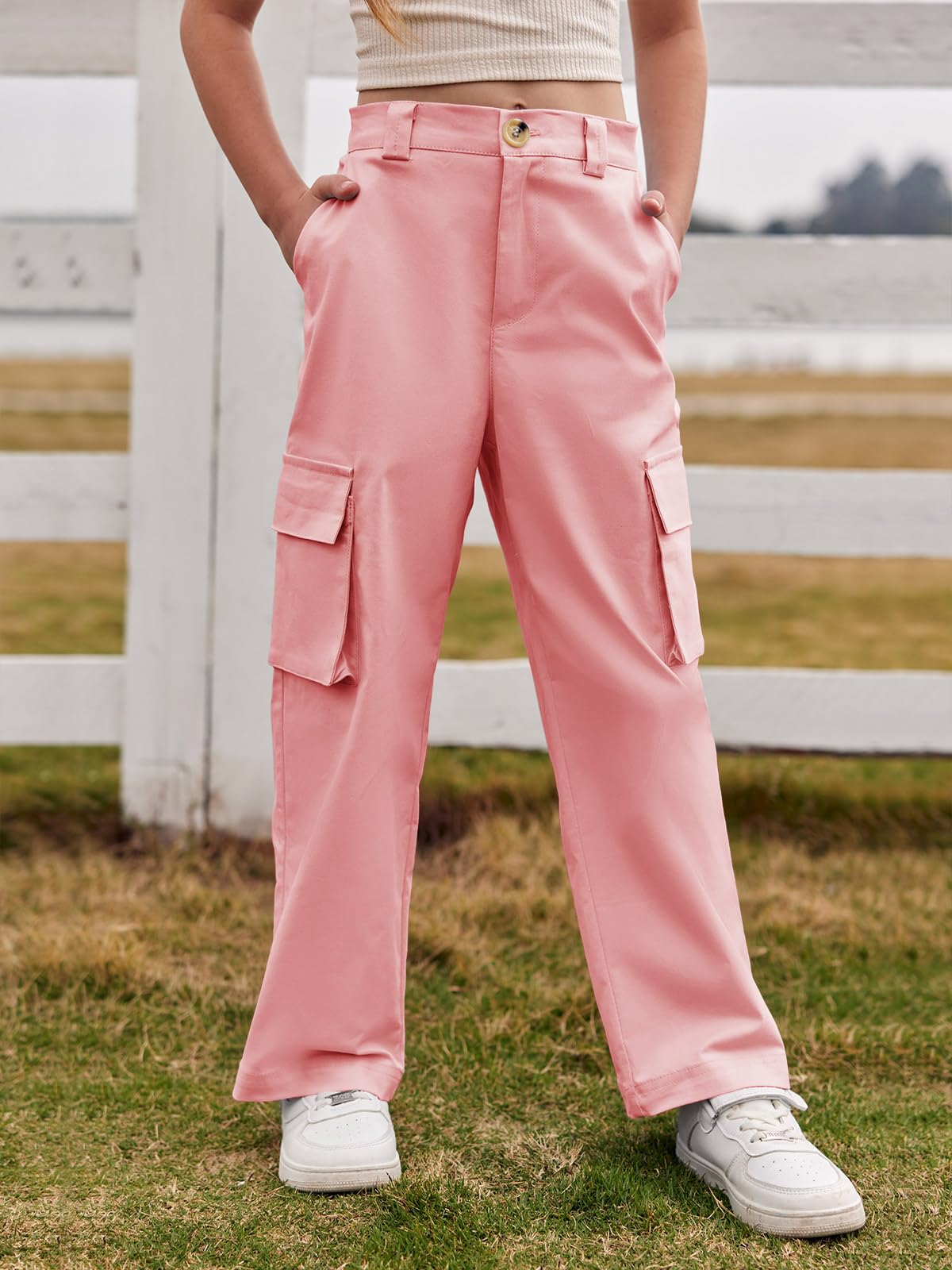 Haloumoning Mädchen Cargohose Baumwoll Y2K Baggy Cargo Hose Kinder Straight Leg Hohe Taille Jogginghose Casual Outdoorhose mit Elastische Taille und Taschen