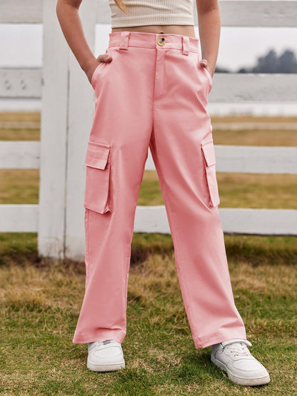 Haloumoning Mädchen Cargohose Baumwoll Y2K Baggy Cargo Hose Kinder Straight Leg Hohe Taille Jogginghose Casual Outdoorhose mit Elastische Taille und Taschen