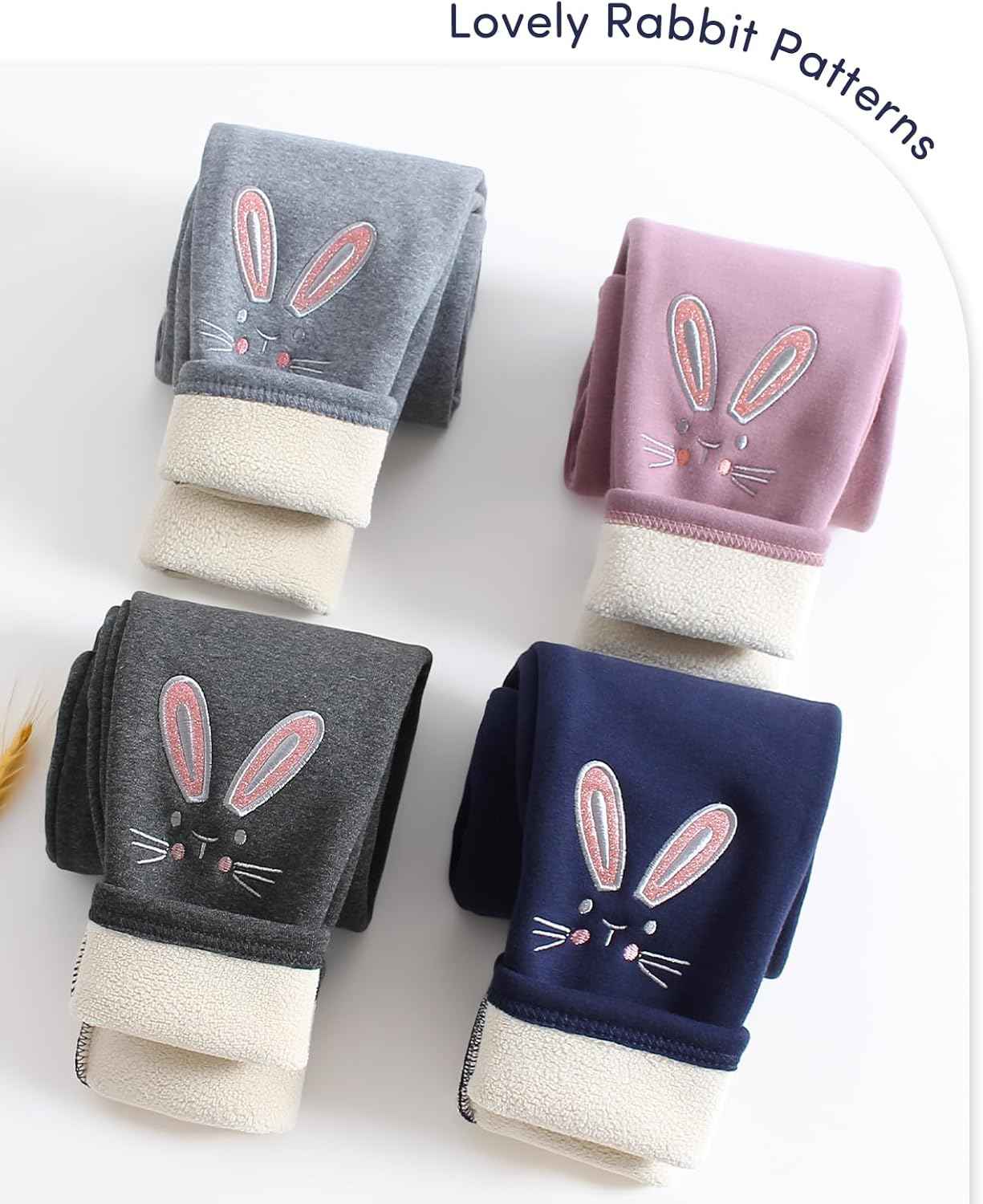 Domee Girls' Leggings Lined Thermal Trousers Warm Winter Cotton Embroidered Rabbit