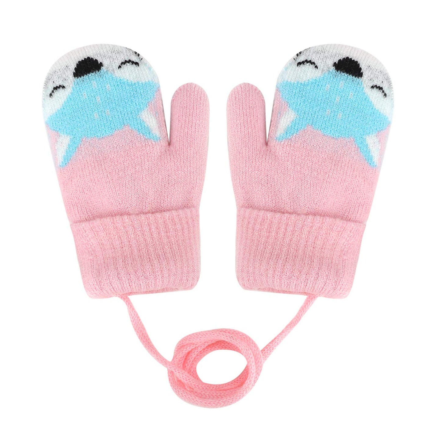 Kids Winter Gloves Mittens Baby Cartoon Mitten Neck Gloves Thick Double Knitted Glove with Plush,0 - 3 years old, Playing, Running, Skiing