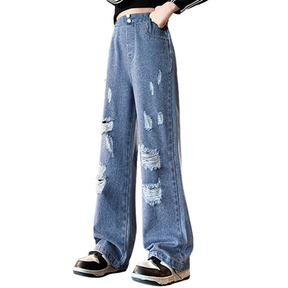 Rolanko Girls' Jeans Trousers with Hole, Denim Blue Jeans, Vintage Trousers With Wide Leg for Children