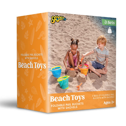 JOYIN 3 Packungen Faltbarer Eimer mit Schaufeln (Bonus-Netztasche), Faltbarer Eimer Mehrzweck für Strand, Strandausrüstung, Sandkasten Spielzeug